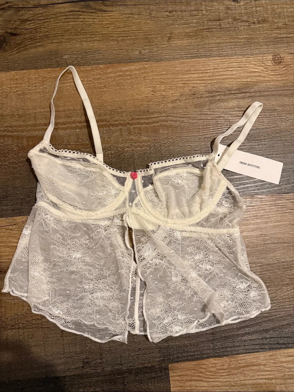 Urban Outfitters Ivory Sheer Lace Babydoll Chemise with Pink Accent